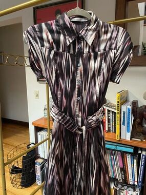 Karen Millen Abstract Belted Midi Dress in Black and Pink